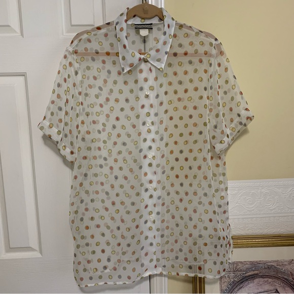 Vintage 70’s Sheer Multicolored Polka Dot Button Up Collared Blouse Size Large - Picture 3 of 9